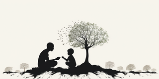 Line Drawing of Parent and Child Planting a Tree